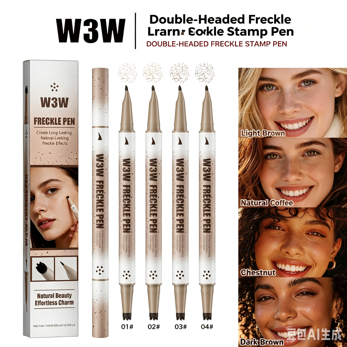 Image 3(Full shade‑chart display): 4 available color shades of W3W dual‑tip freckle pen, for matching different skin tones