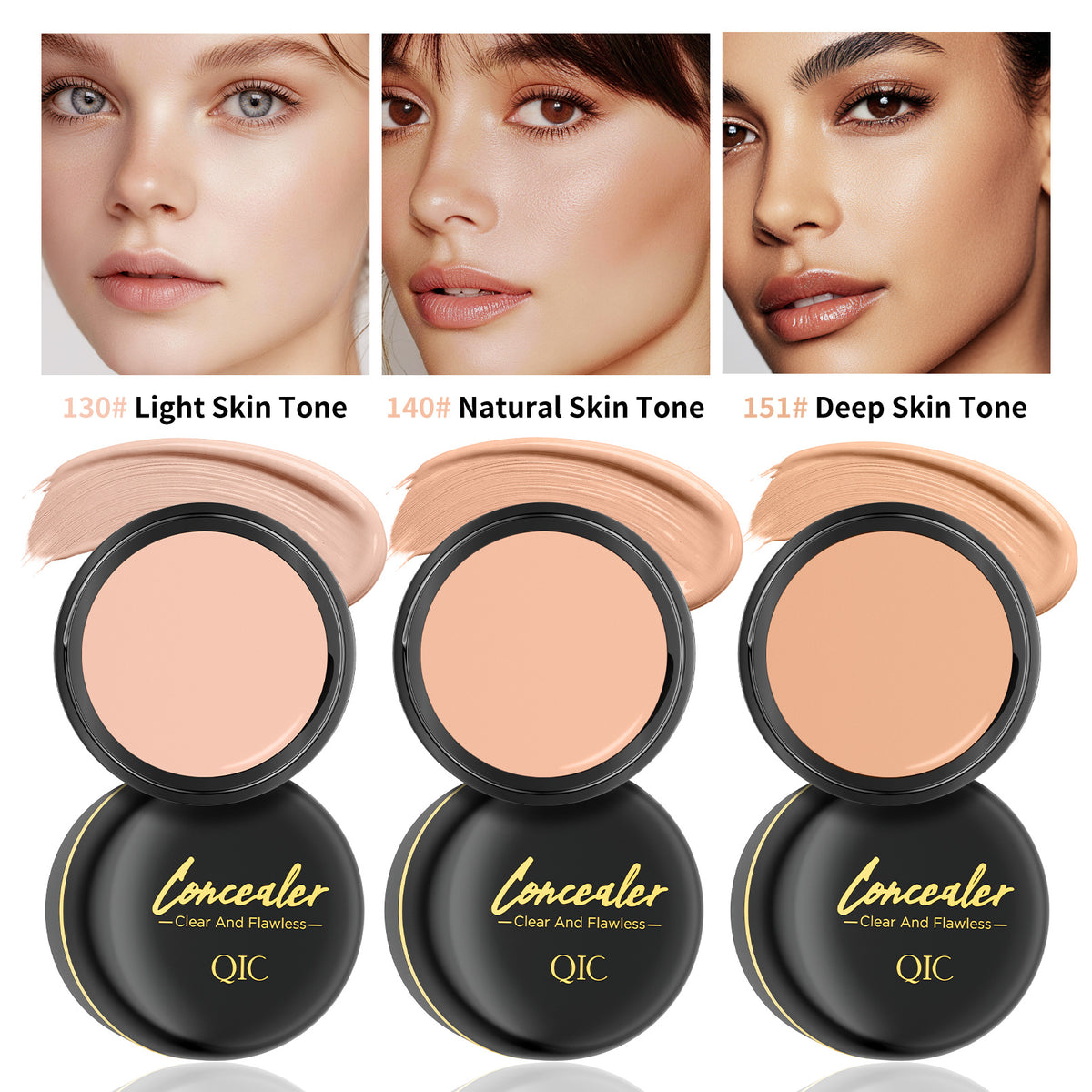 QIC concealer 3 shades display, 130# light,140# natural,151# deep tone swatch and skin matching effect