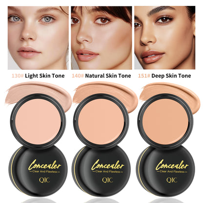 QIC concealer 3 shades display, 130# light,140# natural,151# deep tone swatch and skin matching effect