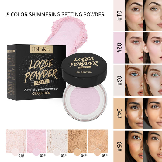 HelloKiss loose powder 5 shades swatch display, color matching reference for different skin complexions