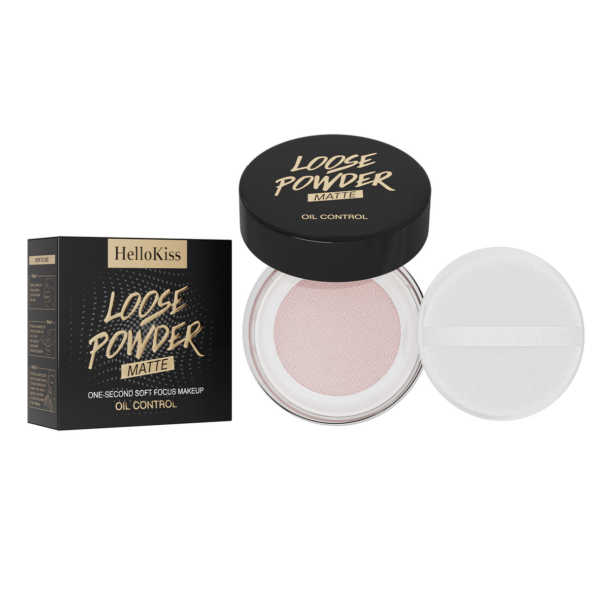 HelloKiss matte loose setting powder jar, powder puff and retail box white background product shot