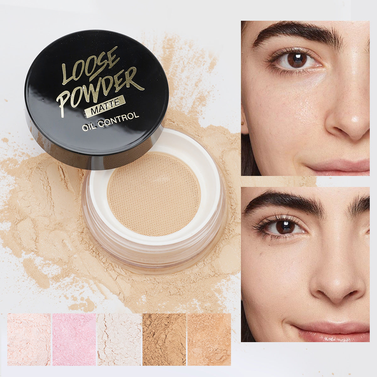 HelloKiss loose powder silky texture close‑up, before‑and‑after pore blurring makeup comparison