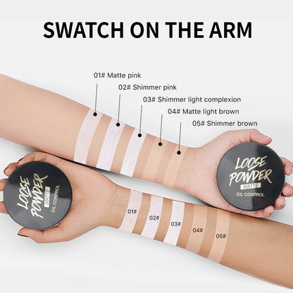 HelloKiss loose powder swatches on arm, 5 colors matte and shimmer shades for different skin tones