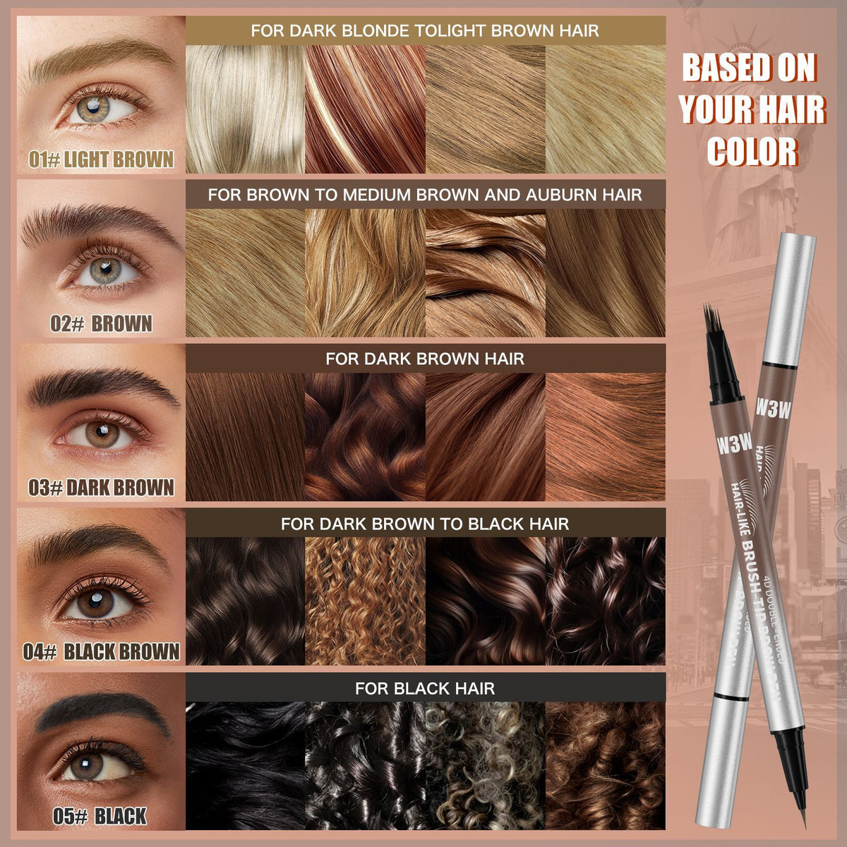 W3W liquid brow pen 5 color shades guide, shade matching reference for different hair colors