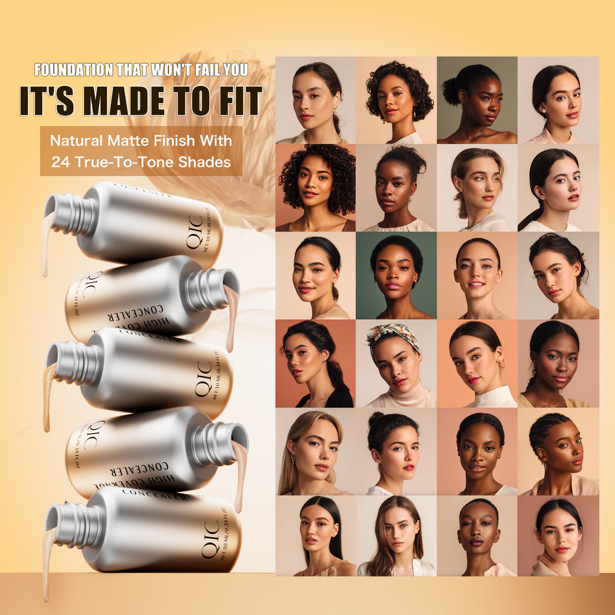 QIC concealer 24 shades display, diverse skin tone matching reference poster