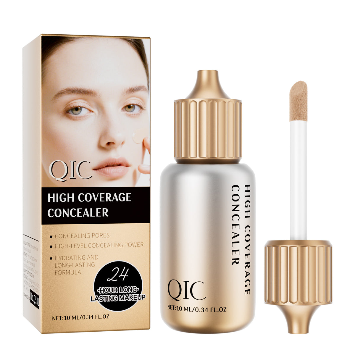 QIC high coverage liquid concealer bottle, sponge applicator and retail box white background product shot