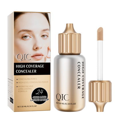 QIC high coverage liquid concealer bottle, sponge applicator and retail box white background product shot