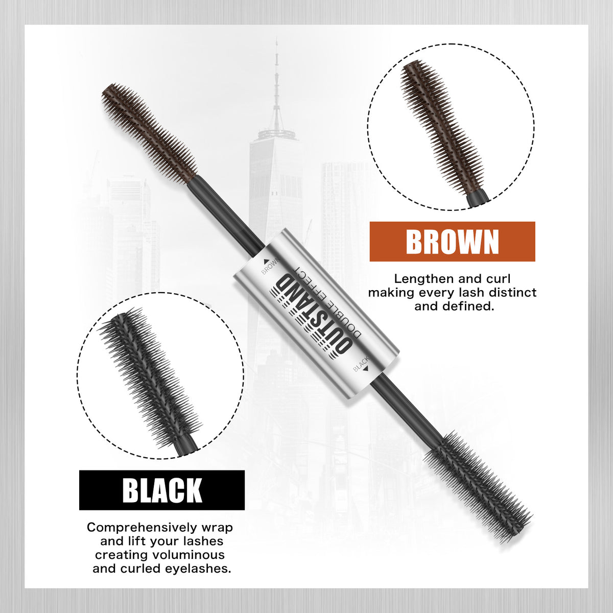 HelloKiss 2‑in‑1 mascara dual brush detail, brown lengthening brush, black volumizing curling brush close‑up