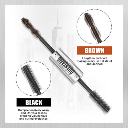 HelloKiss 2‑in‑1 mascara dual brush detail, brown lengthening brush, black volumizing curling brush close‑up