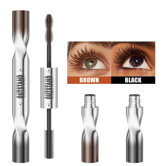 HelloKiss OUTSTAND double‑ended mascara, black and brown two‑color mascara tube and brush display, eye lash comparison