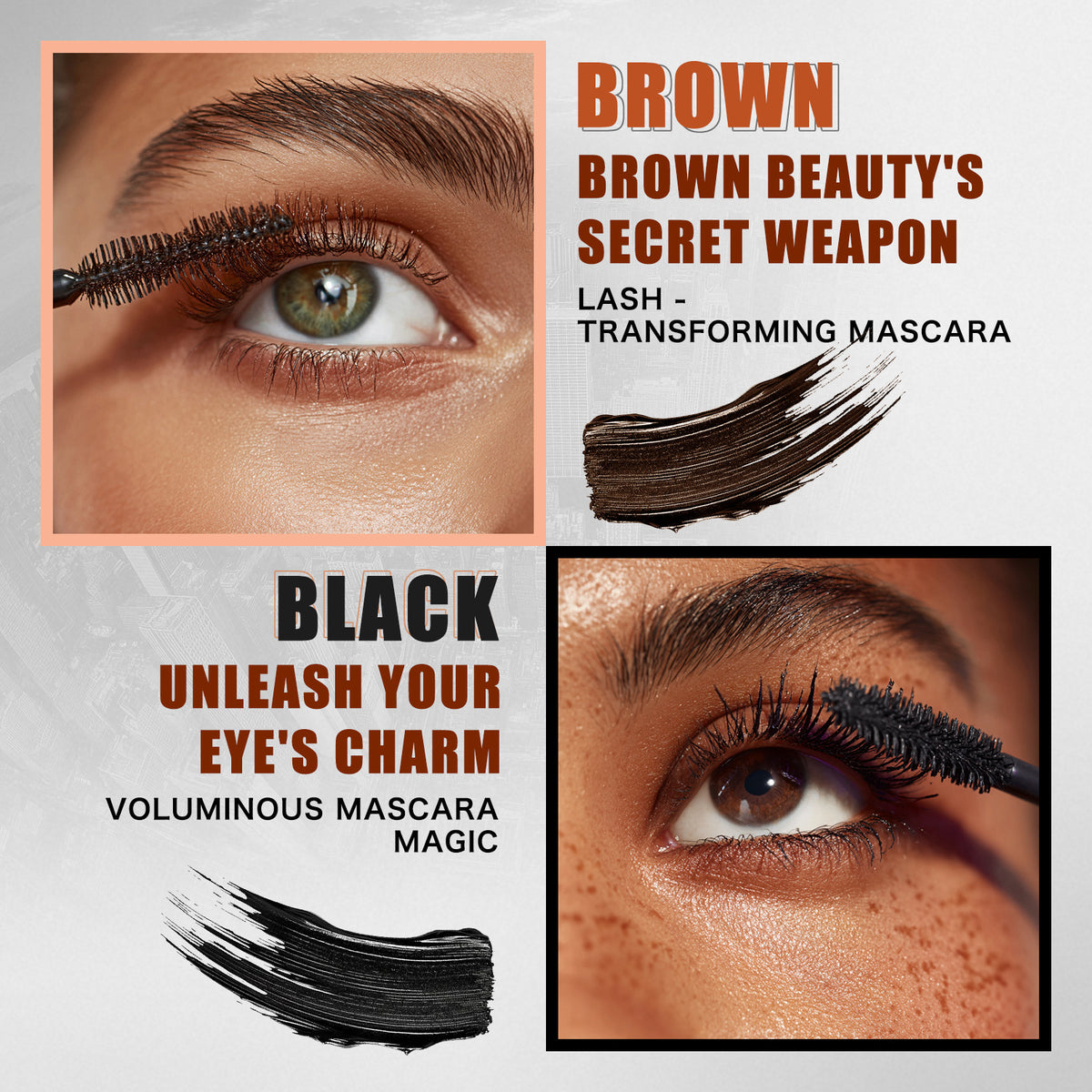 HelloKiss mascara wearing effect, brown natural lash makeup, black dramatic volumizing lash look, mascara smear swatch