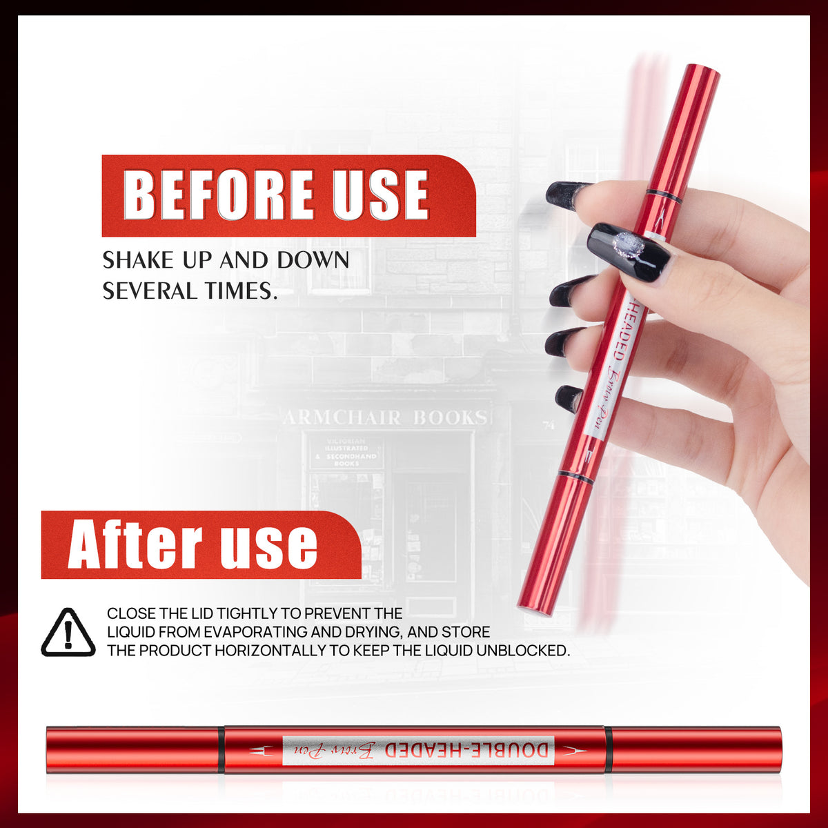 HelloKiss brow pen usage reminder, shake before use and cap storage instruction poster