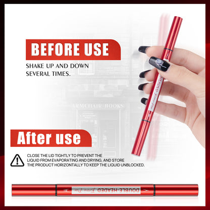 HelloKiss brow pen usage reminder, shake before use and cap storage instruction poster