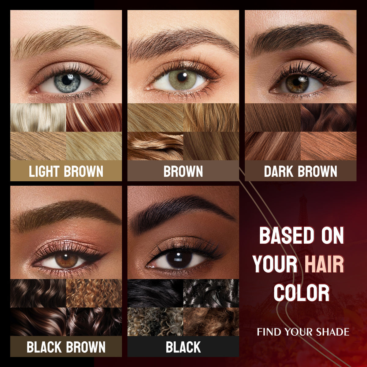 HelloKiss eyebrow pen 5 shades display, match different hair colors reference chart
