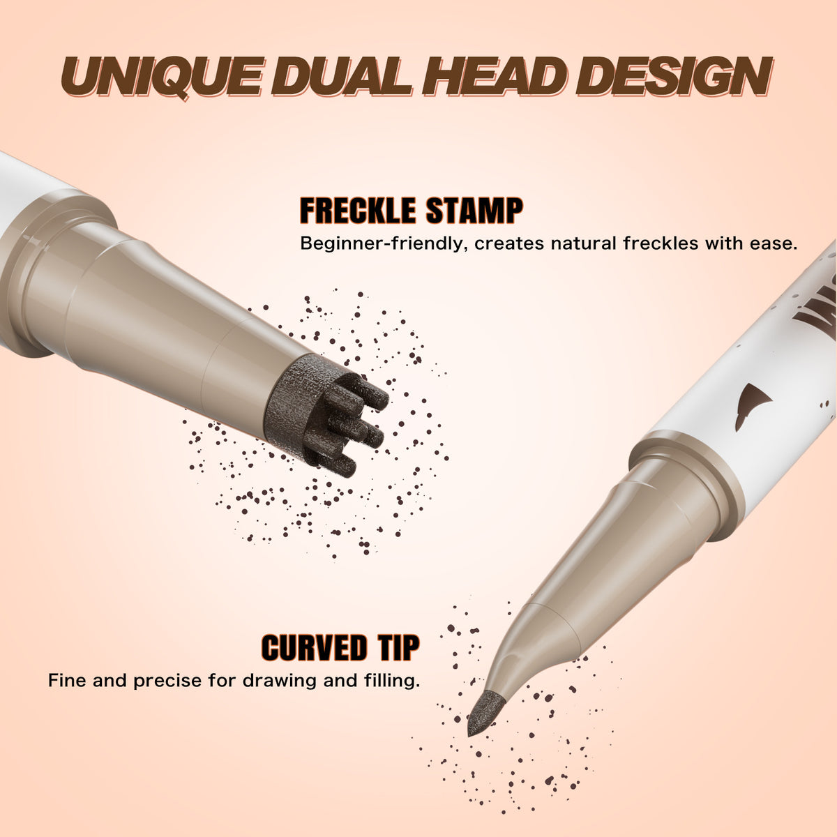 Image 2(Dual‑tip structure diagram): Unique dual‑head design of W3W freckle pen, freckle stamp tip and curved fine drawing tip