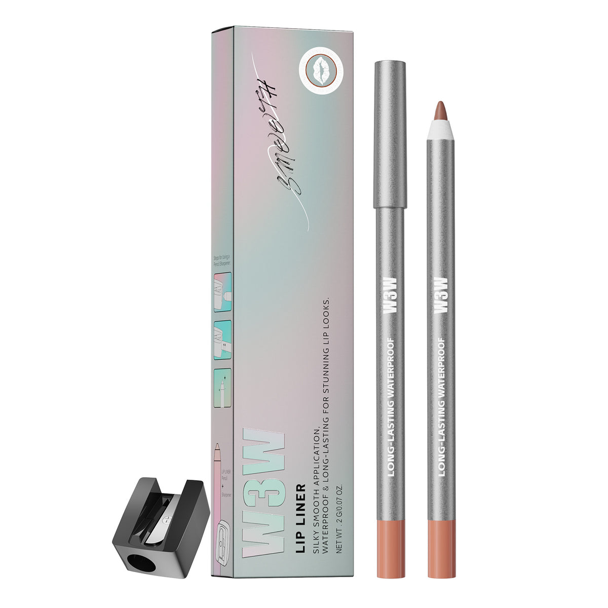 W3W waterproof lip liner pencil with retail box and pencil sharpener white background product shot