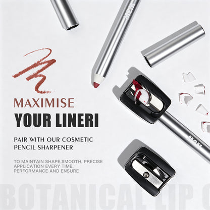 W3W lip liner pencil with included sharpener, sharpening tip demonstration graphic