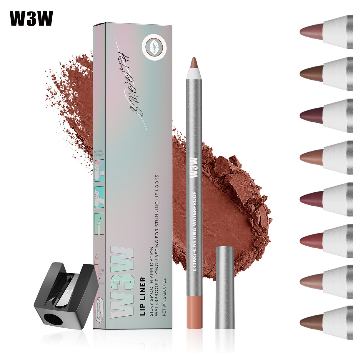W3W lip liner pencil multi‑shade swatch, pigment texture and color sample graphic