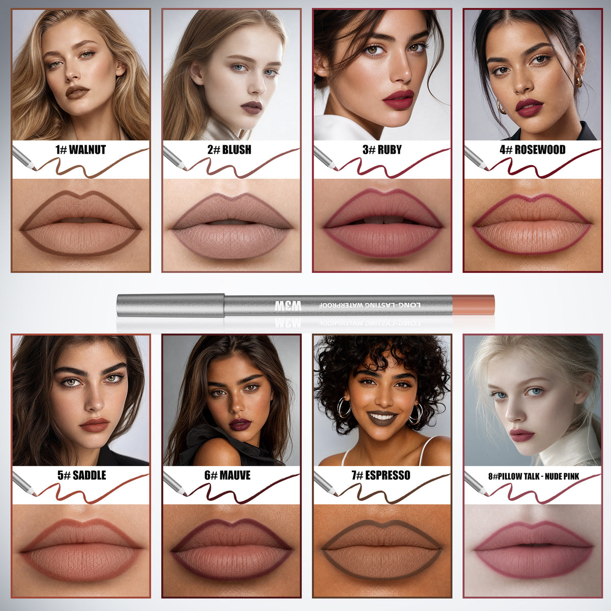 W3W lip liner 8 shade reference chart, before‑after lip makeup effect for different skin tones
