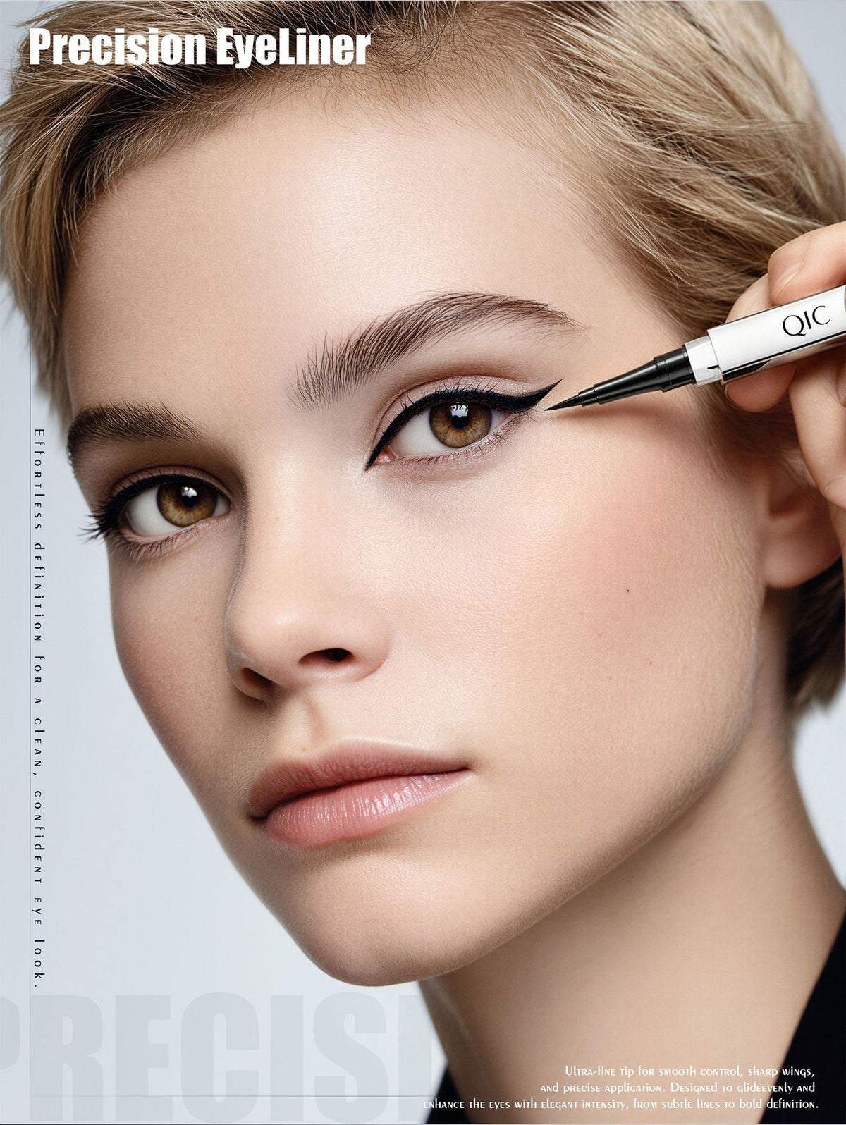 QIC liquid eyeliner makeup application demo, model drawing precise wing eyeliner close‑up