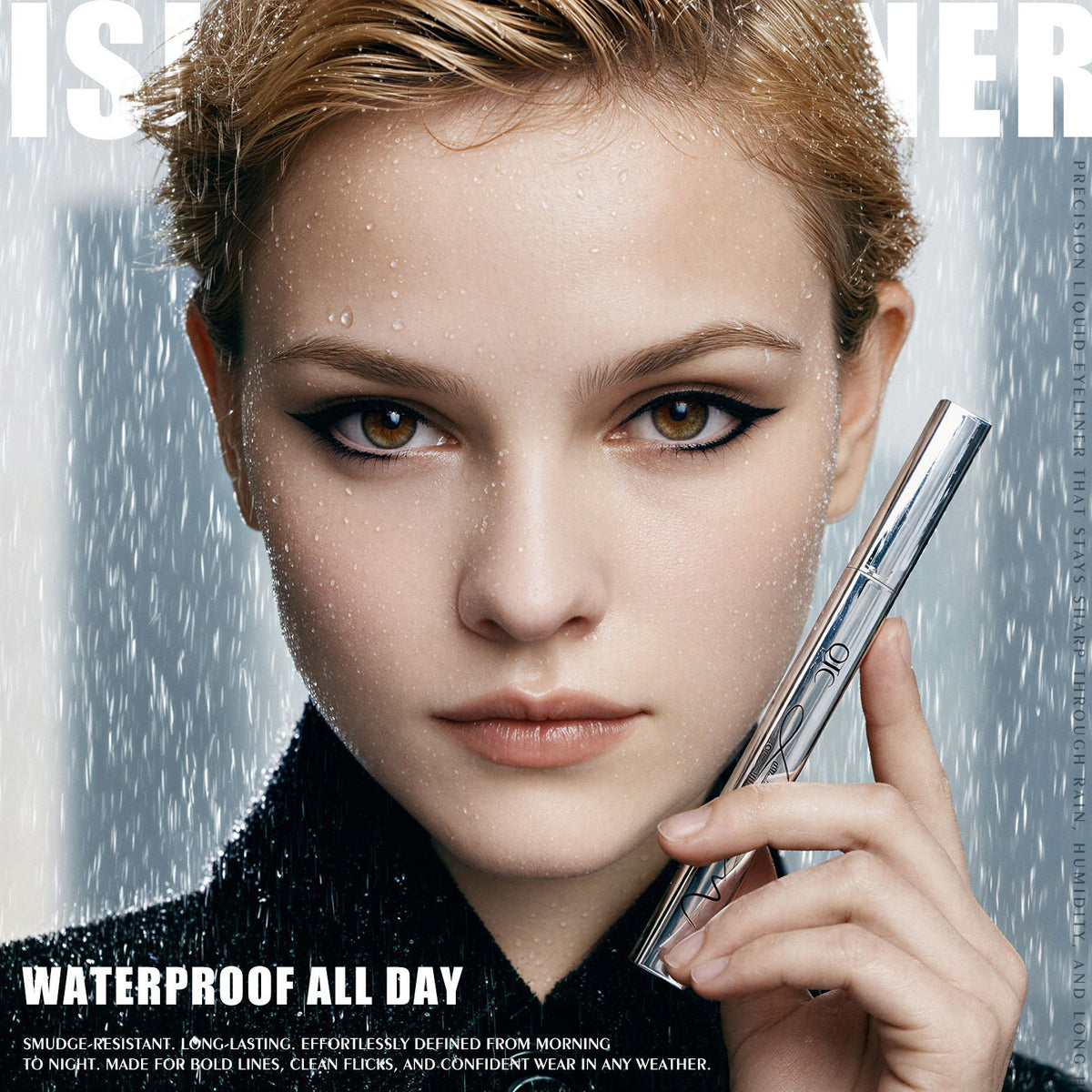 QIC 24H waterproof liquid eyeliner model beauty lifestyle image, water‑resistant makeup demonstration