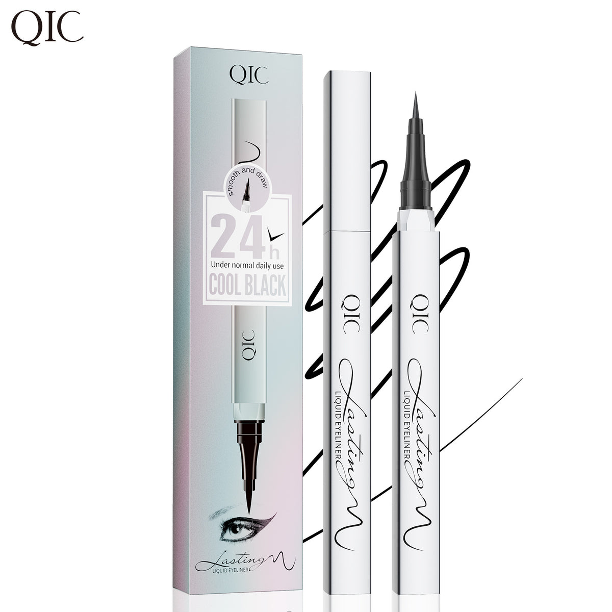 QIC waterproof liquid eyeliner pen with retail box, white background studio product shot