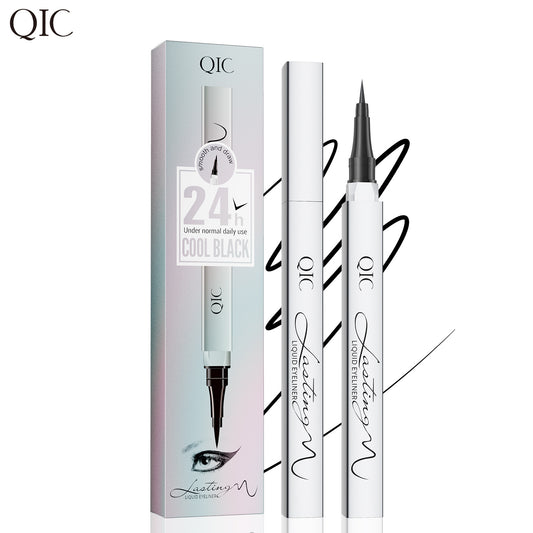 QIC waterproof liquid eyeliner pen with retail box, white background studio product shot