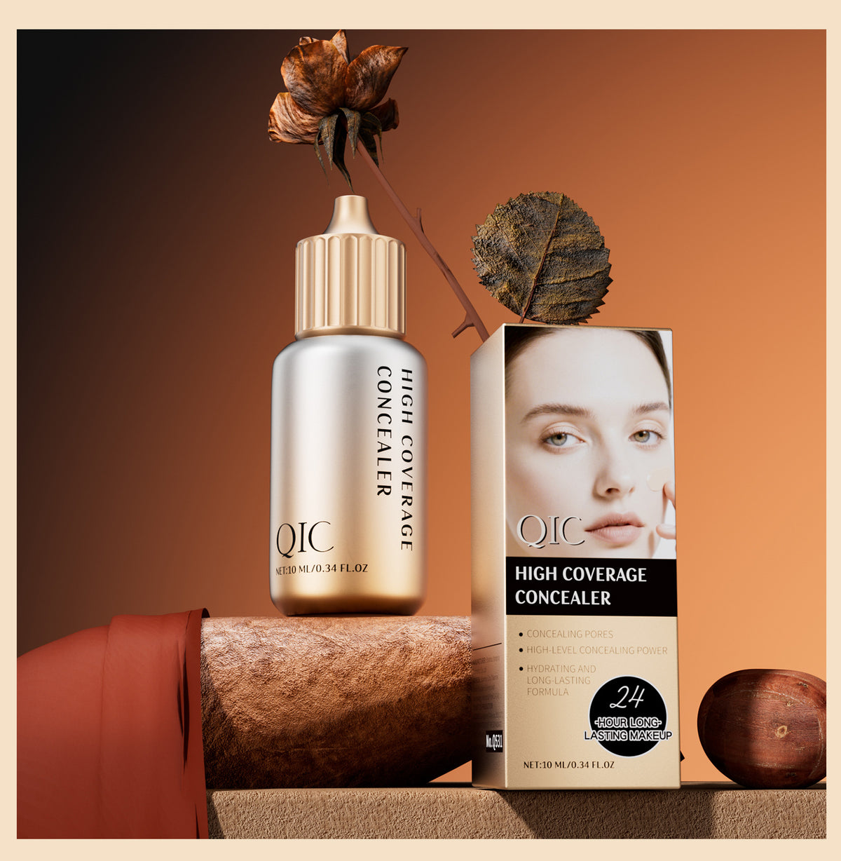 QIC liquid concealer bottle and box aesthetic studio display photography