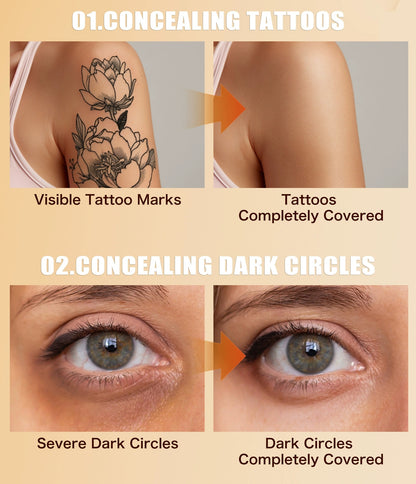 QIC concealer before and after, covers tattoos and dark circles