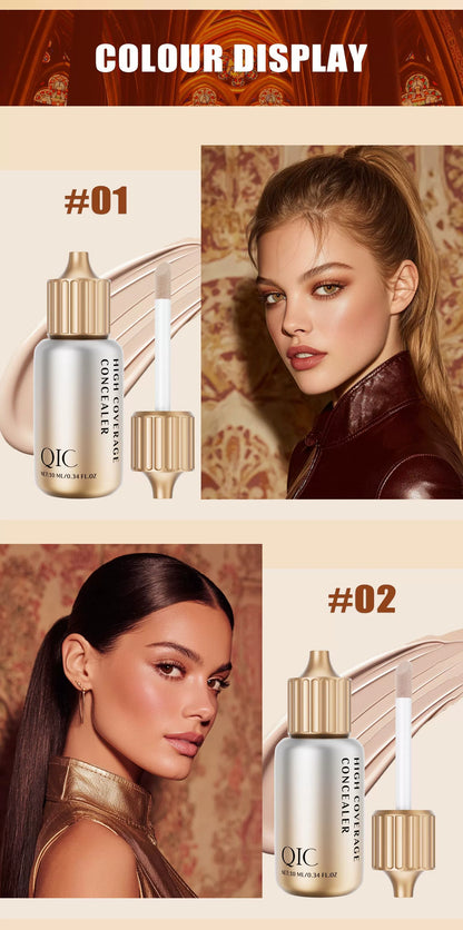 QIC concealer color display, shades 01 and 02 with model effect