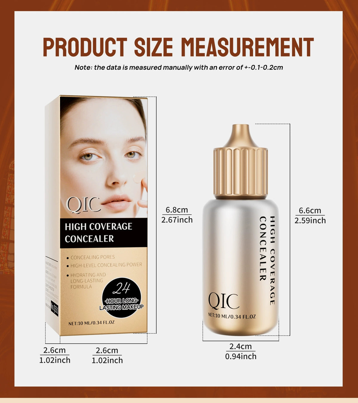 QIC concealer product size measurement, bottle and box dimensions