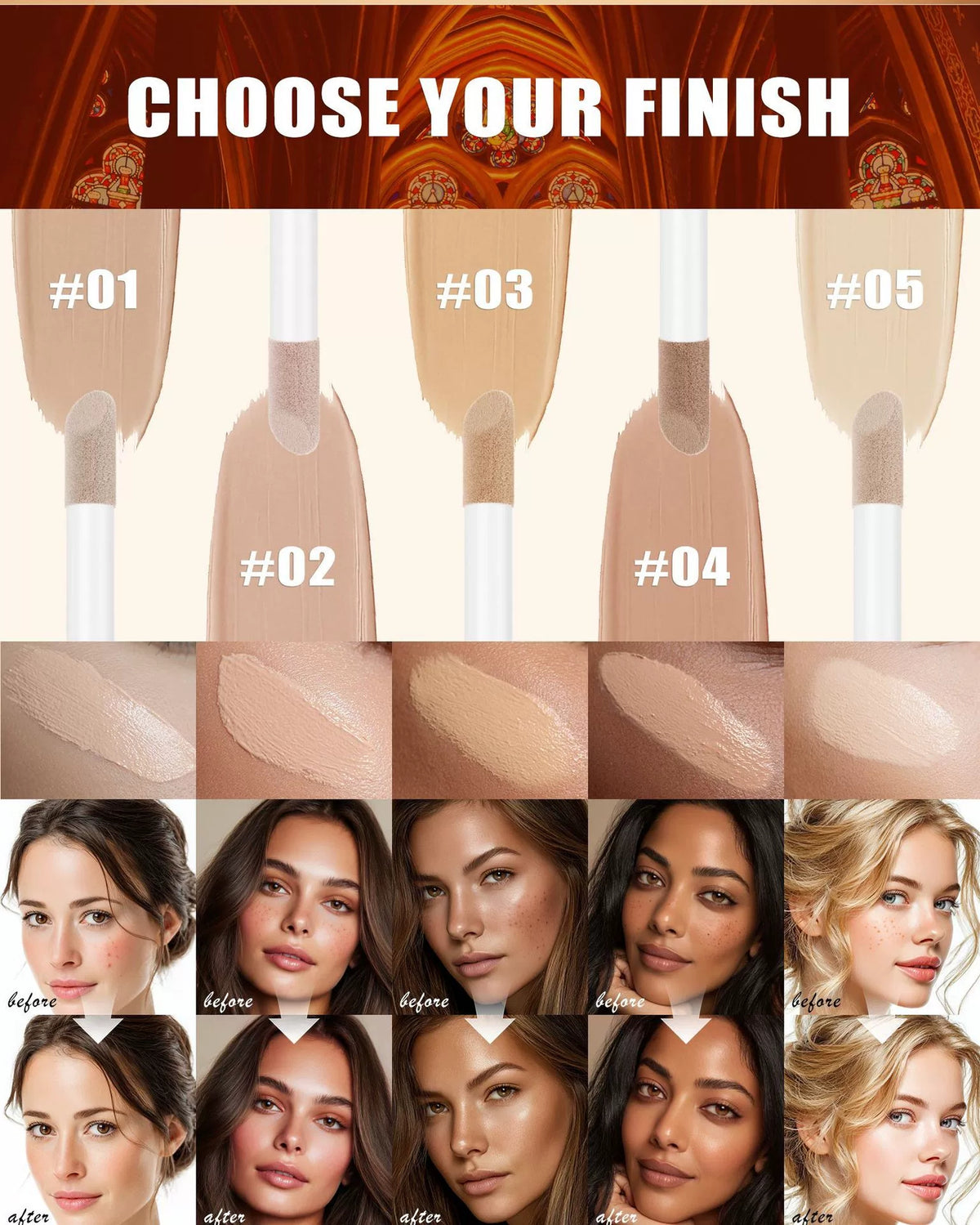 QIC concealer 5 shades swatch, before and after coverage results