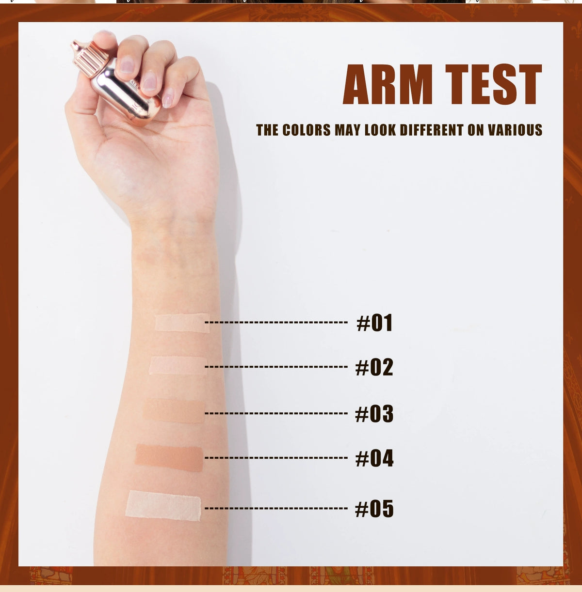 QIC concealer arm test, 5 shade swatches on different skin tones