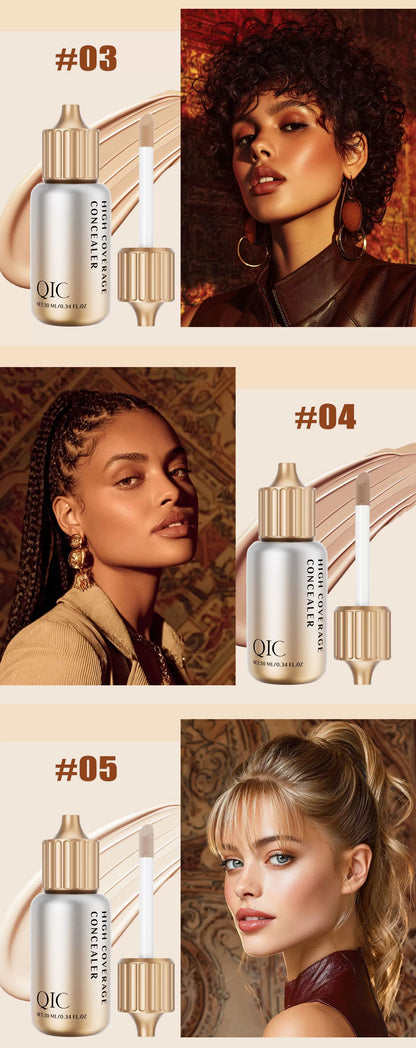 QIC concealer color display, shades 03, 04 and 05 with model effect