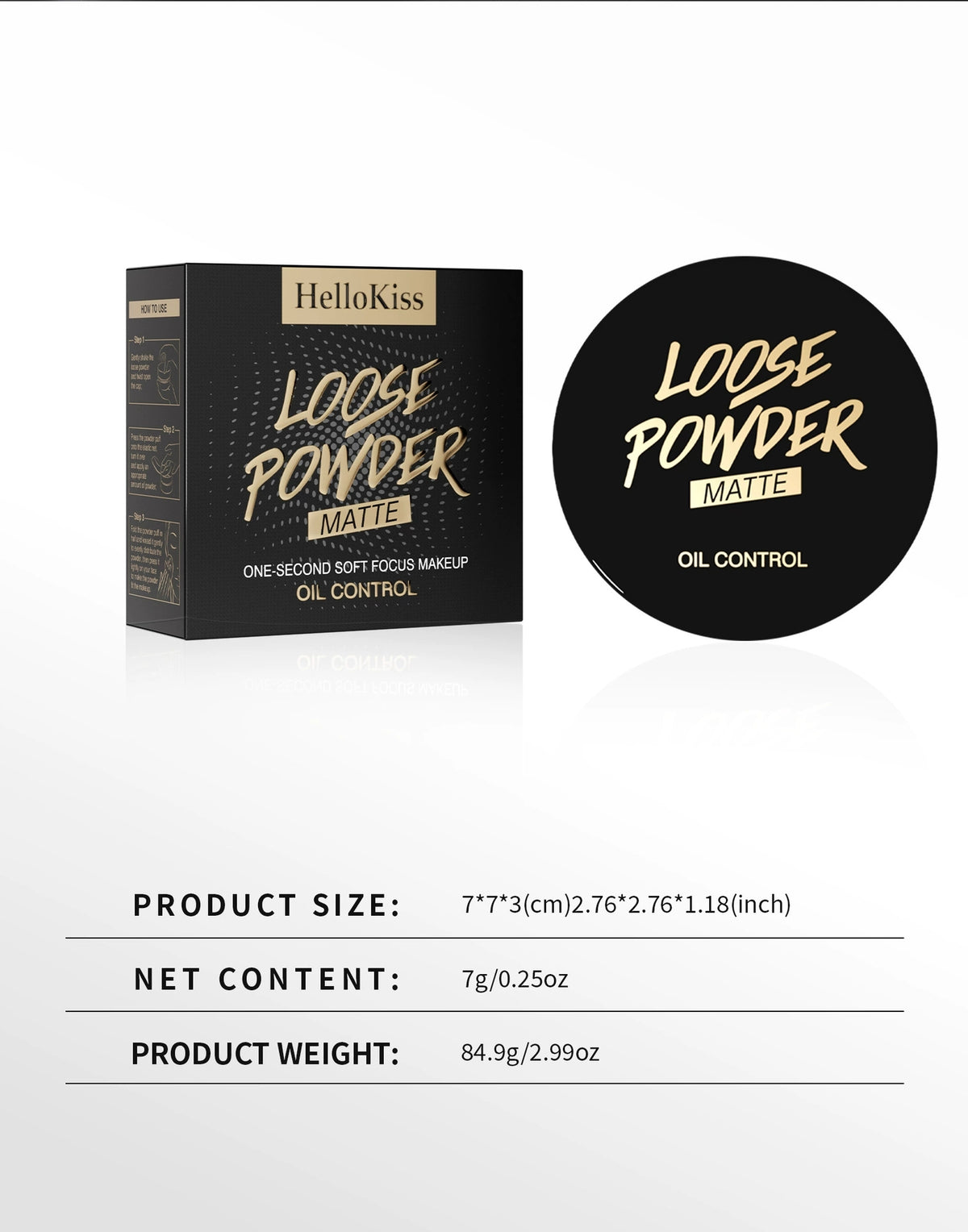 HelloKiss loose setting powder box package size specification, 7g net weight