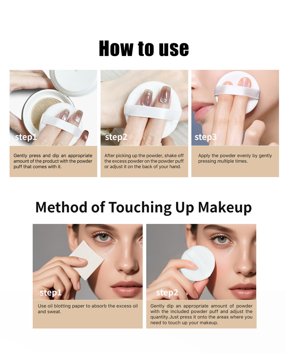 HelloKiss loose powder how to use, apply with powder puff, press gently for even makeup finish