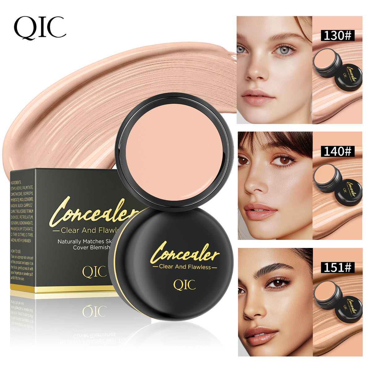 QIC concealer cream texture smear display, 3 color shades reference for different skin complexions