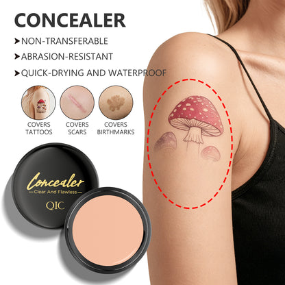 QIC full‑coverage concealer test, cover tattoo, scar and birthmark, waterproof transfer‑proof feature show