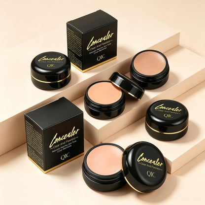 QIC concealer cream multi‑unit group display, black jar cosmetic product scene shooting