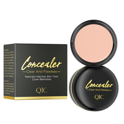 QIC clear and flawless concealer cream, concealer jar and retail box complete product shot on white background