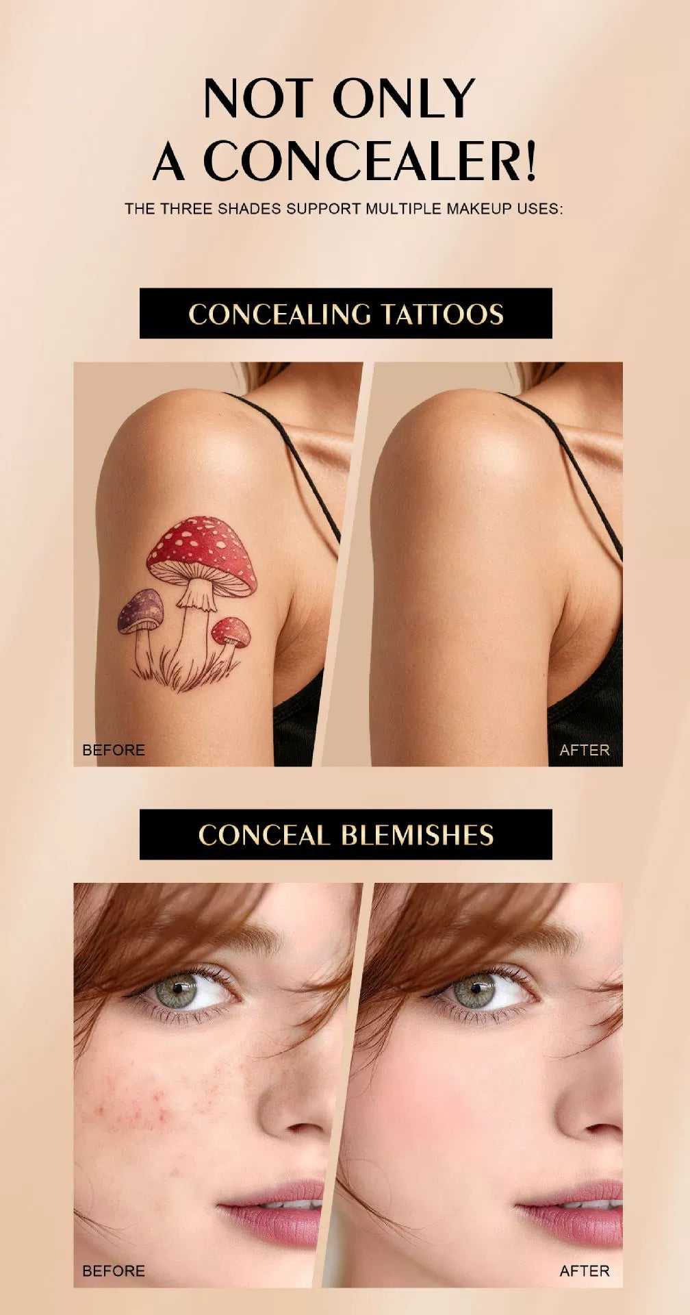 Woman holding QIC concealer cream, natural seamless skin makeup finish