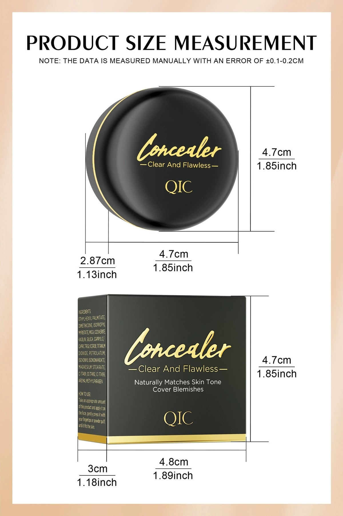 QIC concealer dimension measurement, product size chart with box
