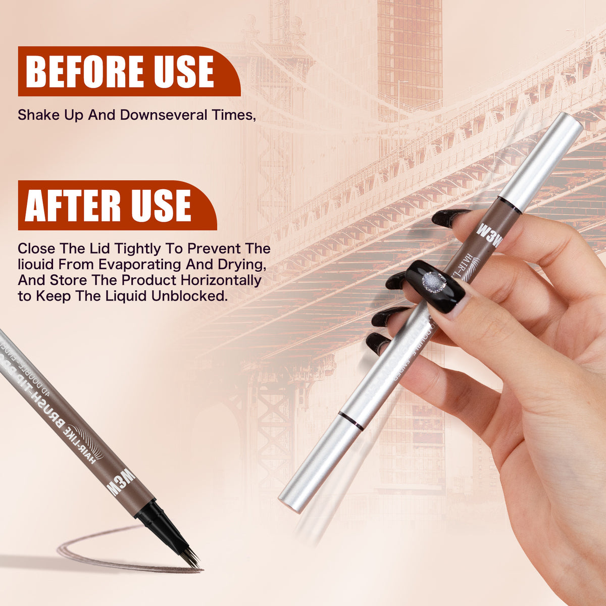 W3W double‑ended eyebrow pen usage tips, shake before use and proper storage instruction graphic
