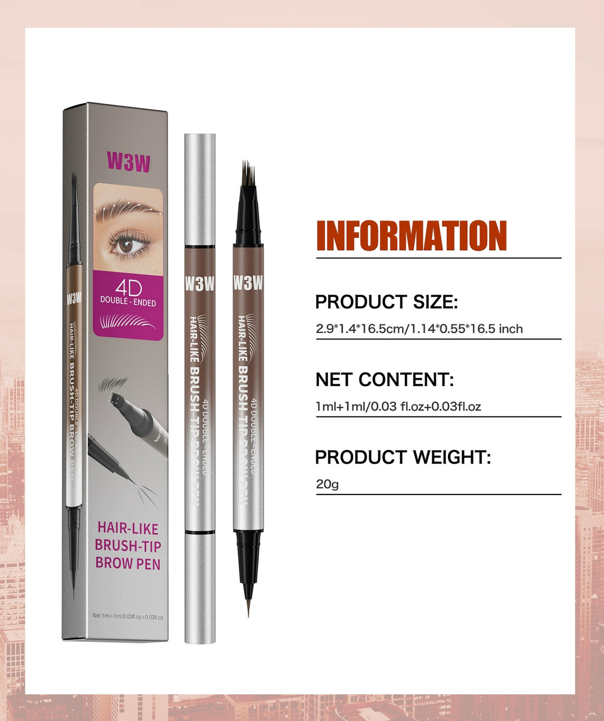 W3W dual‑ended eyebrow pen with box, product size, net content and weight specification, long‑wear liquid brow pencil cosmetic package