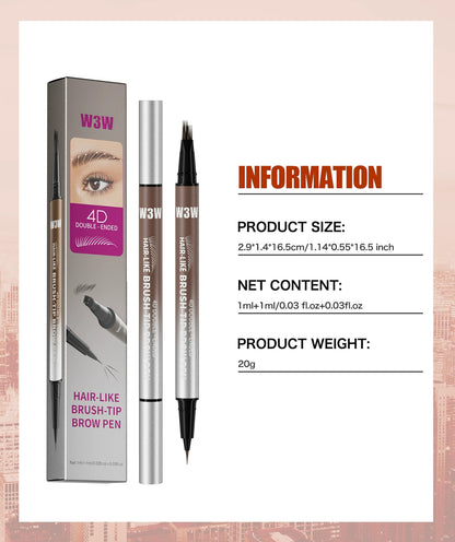 W3W dual‑ended eyebrow pen with box, product size, net content and weight specification, long‑wear liquid brow pencil cosmetic package