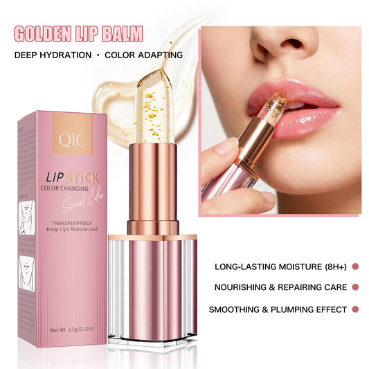  QIC gold foil lip balm applying demo, deep hydration nourishing plumping lip care feature introduction