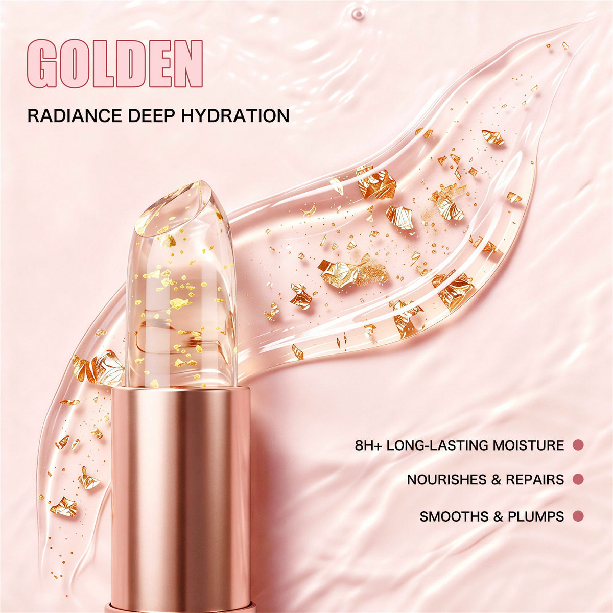 QIC color‑changing lipstick texture close‑up, gold foil particles inside transparent lip balm paste, moisturizing glossy formula