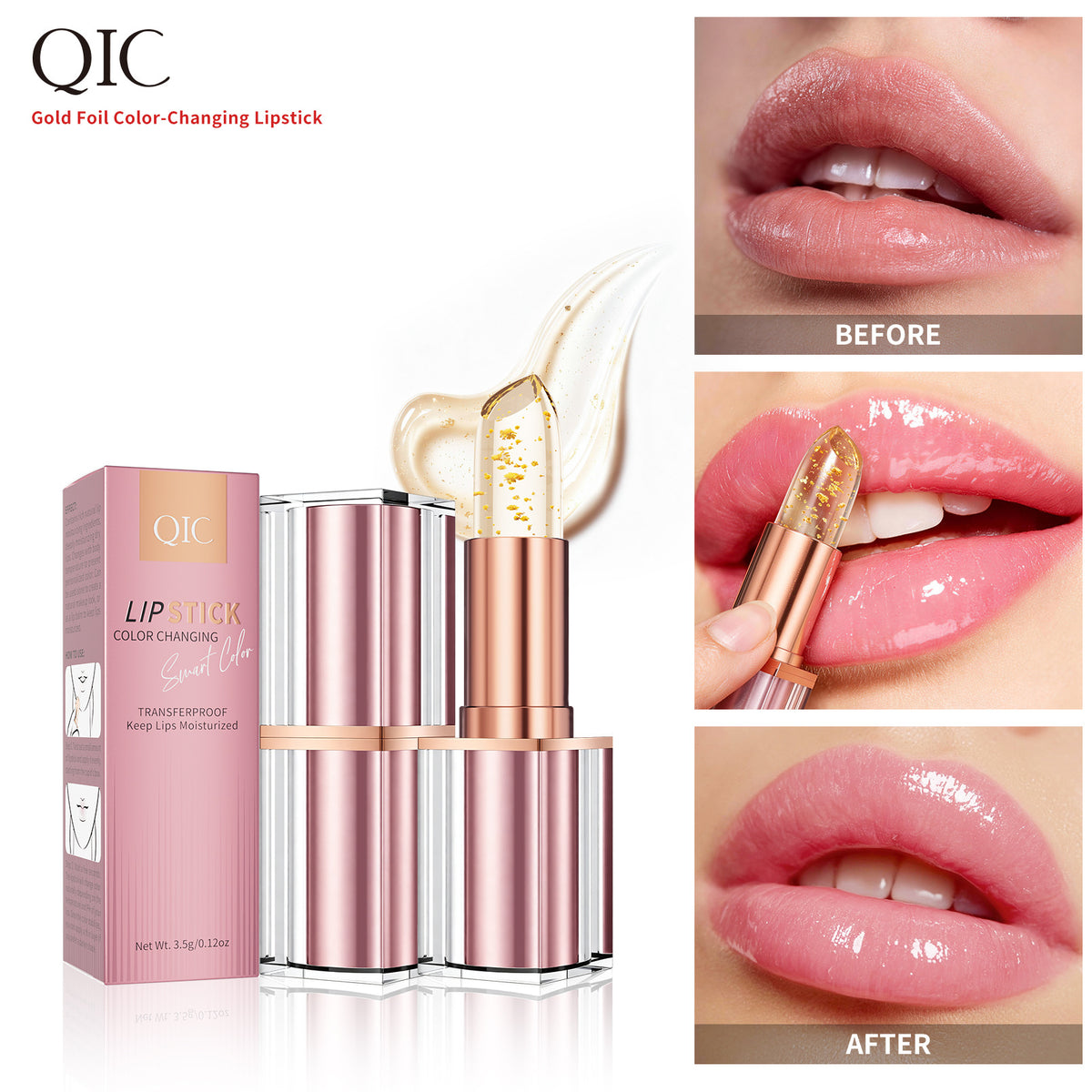 QIC gold foil lipstick lip effect comparison chart, dry lips before and glossy plump lips after application