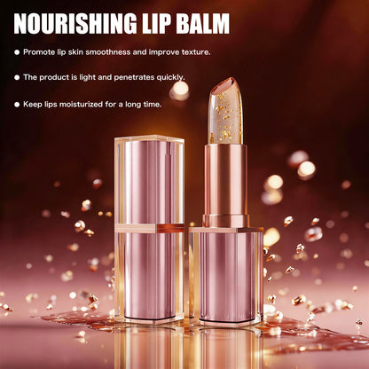 QIC nourishing gold foil color‑changing lipstick product poster, best‑selling lip cosmetic visual display