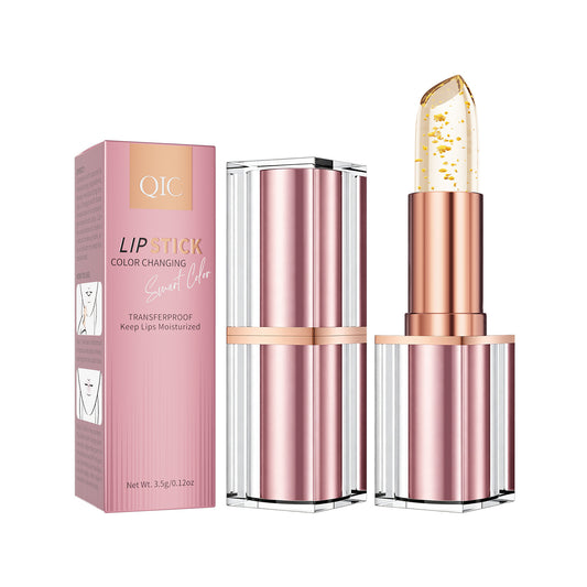 QIC gold foil color changing lipstick, transparent gold‑leaf lip balm stick and original retail box full package display